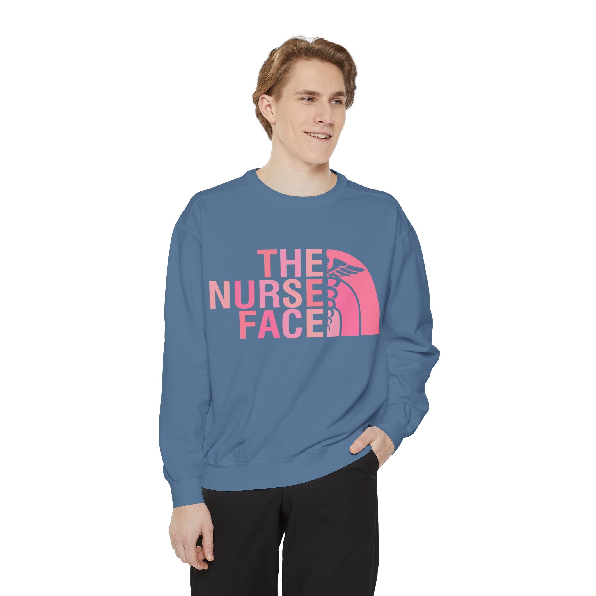 Nurse Face Sweatshirt — Pink Caduceus Retro Graphic Crewneck