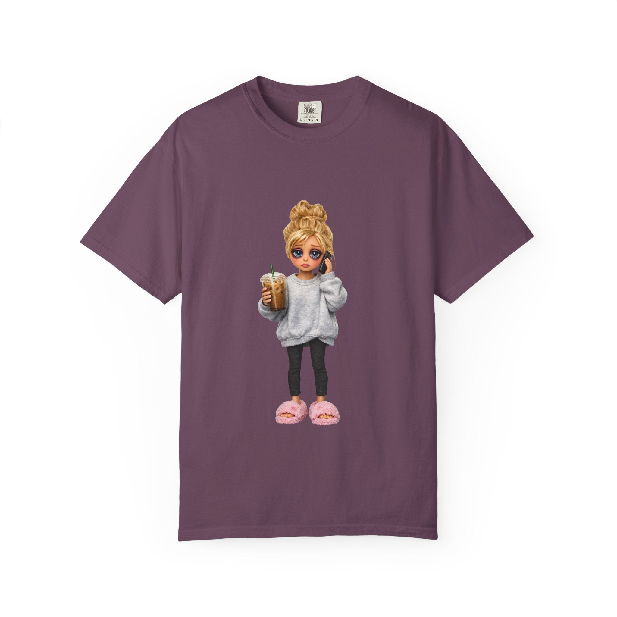 Cozy Morning Doll Graphic T-Shirt — Cute Girl in Slippers Coffee Tee