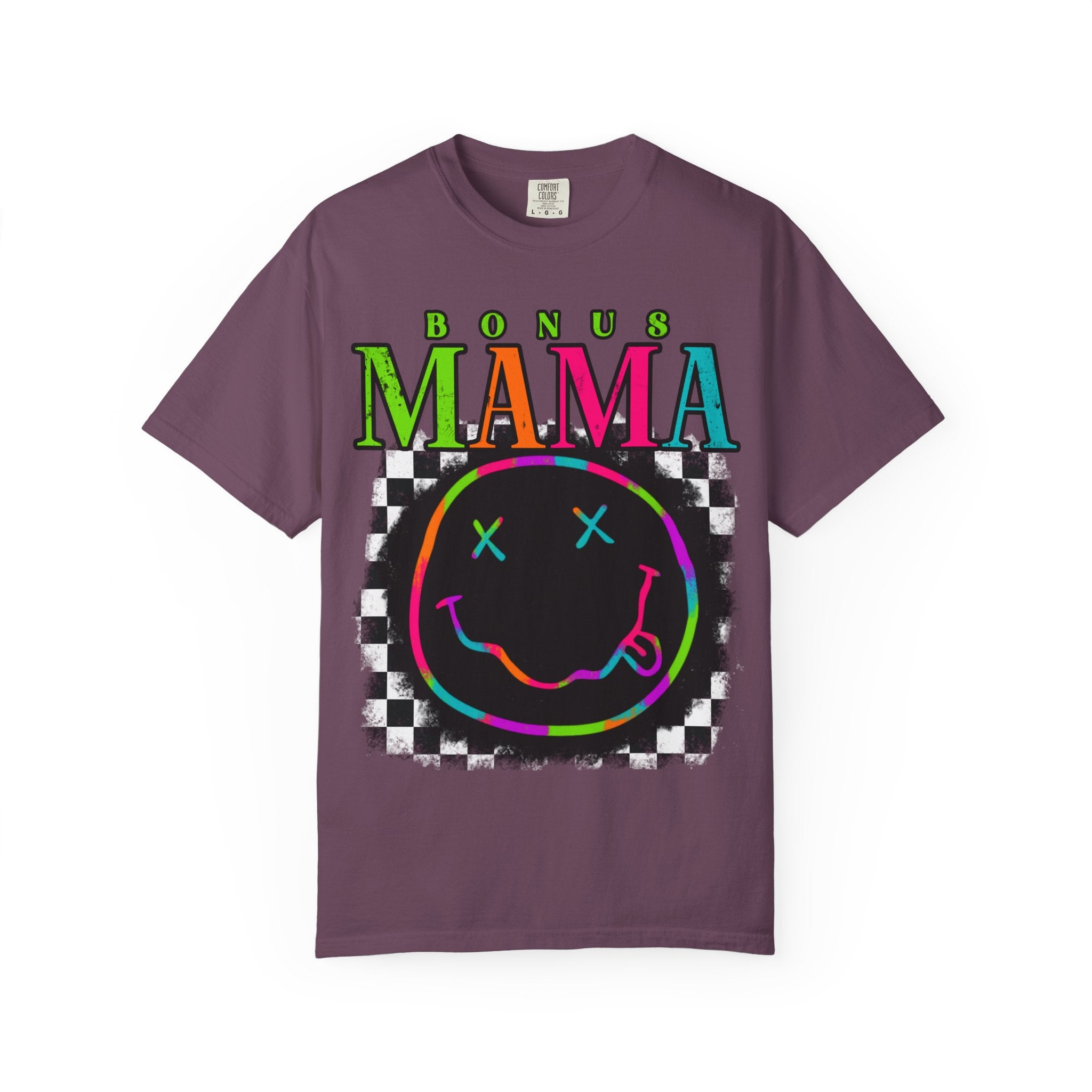 Bonus Mama Graphic T-Shirt — Neon Smiley Checkerboard Retro Tee