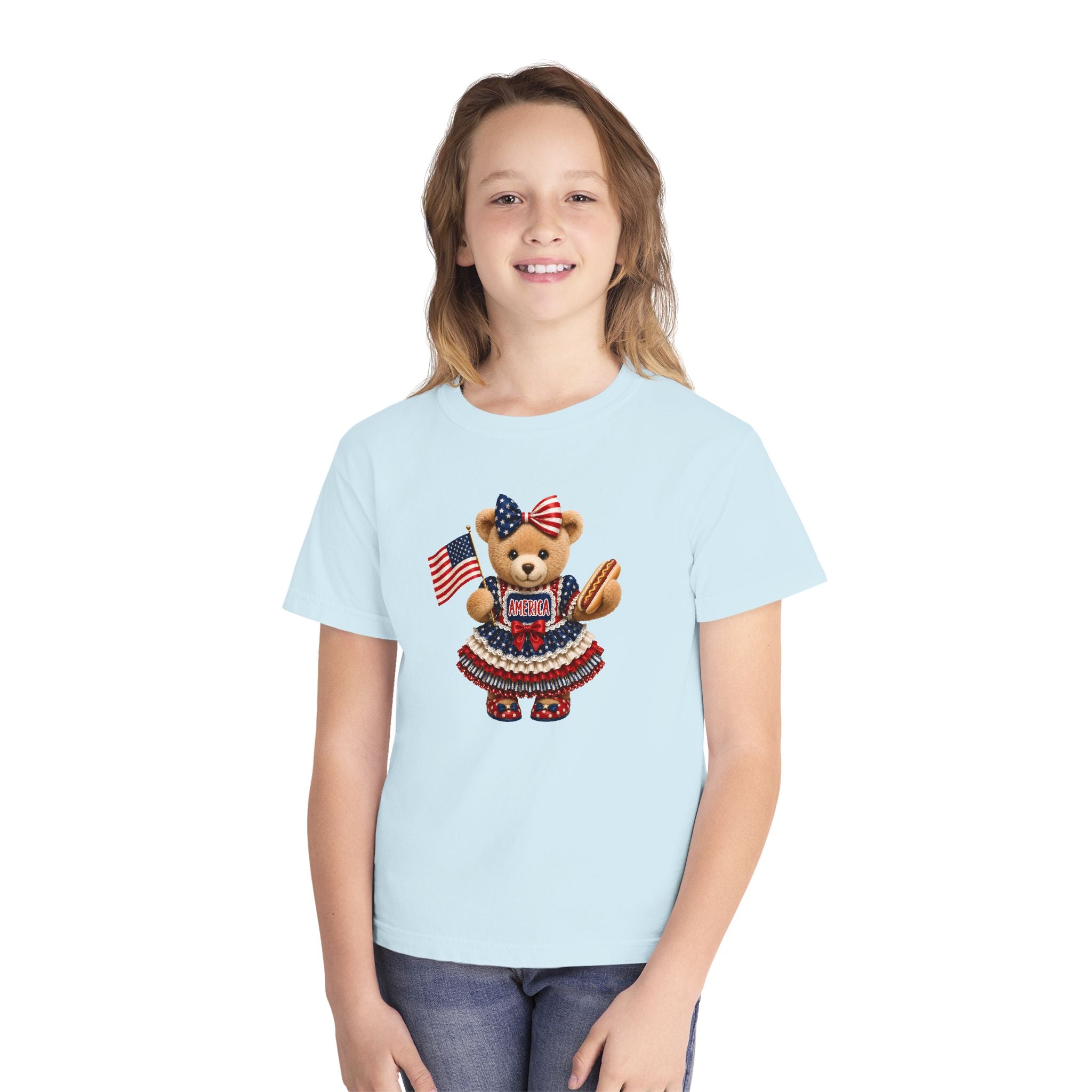 Youth Tee - Patriotic Bear Holding American Flag (4th of July Kids Shirt)