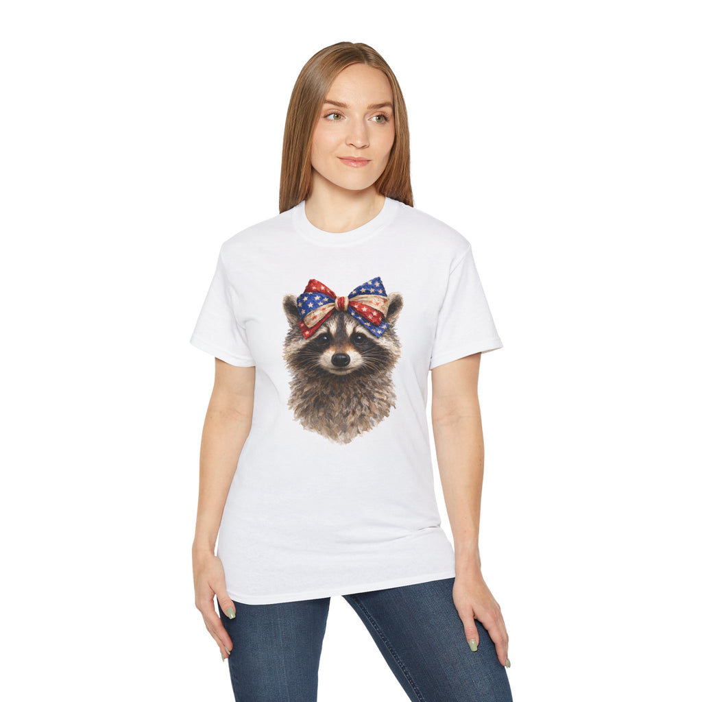 Raccoon with American Flag Bow Tee