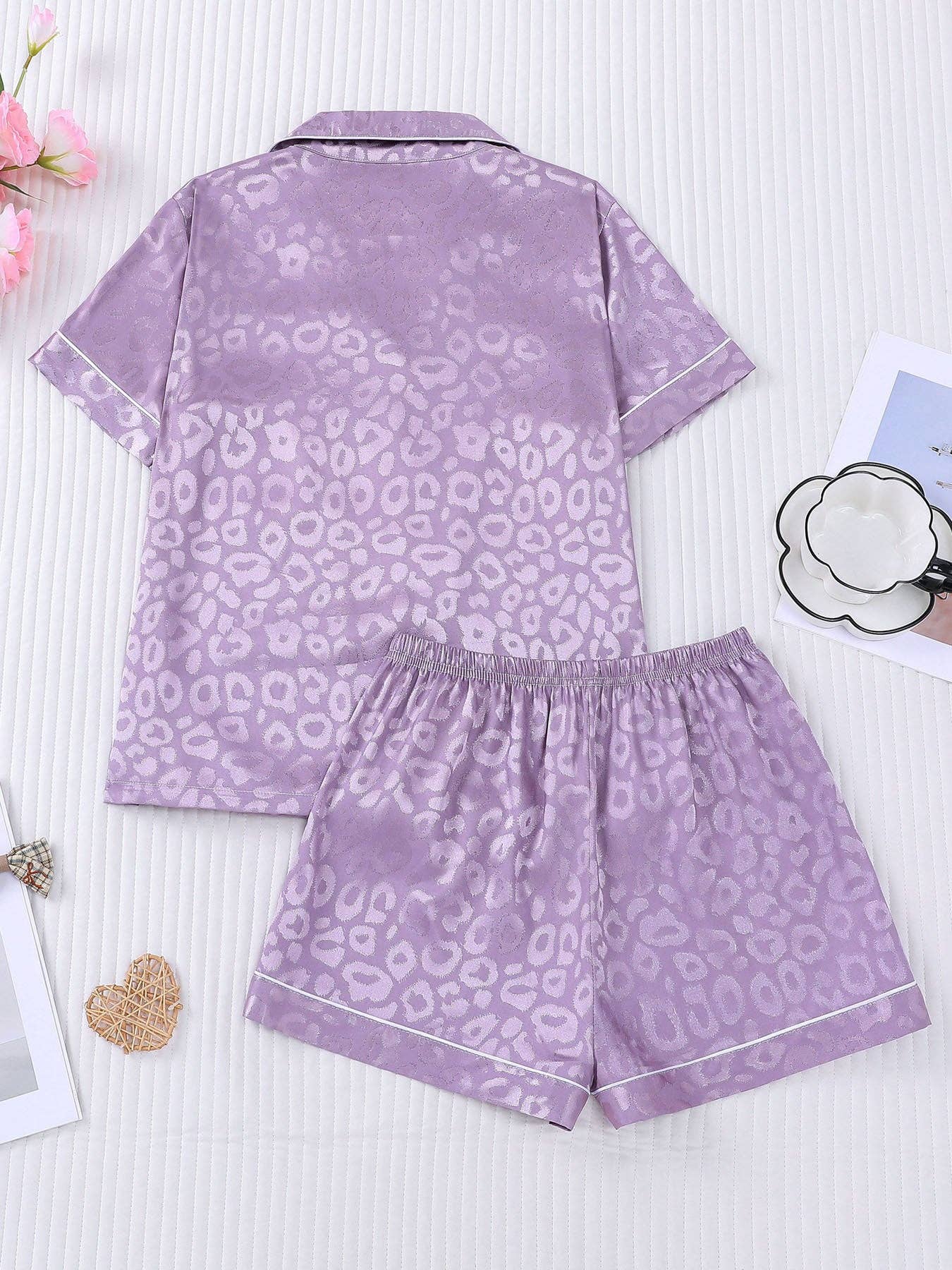 Leopard Print Silky Pajama Set: Black