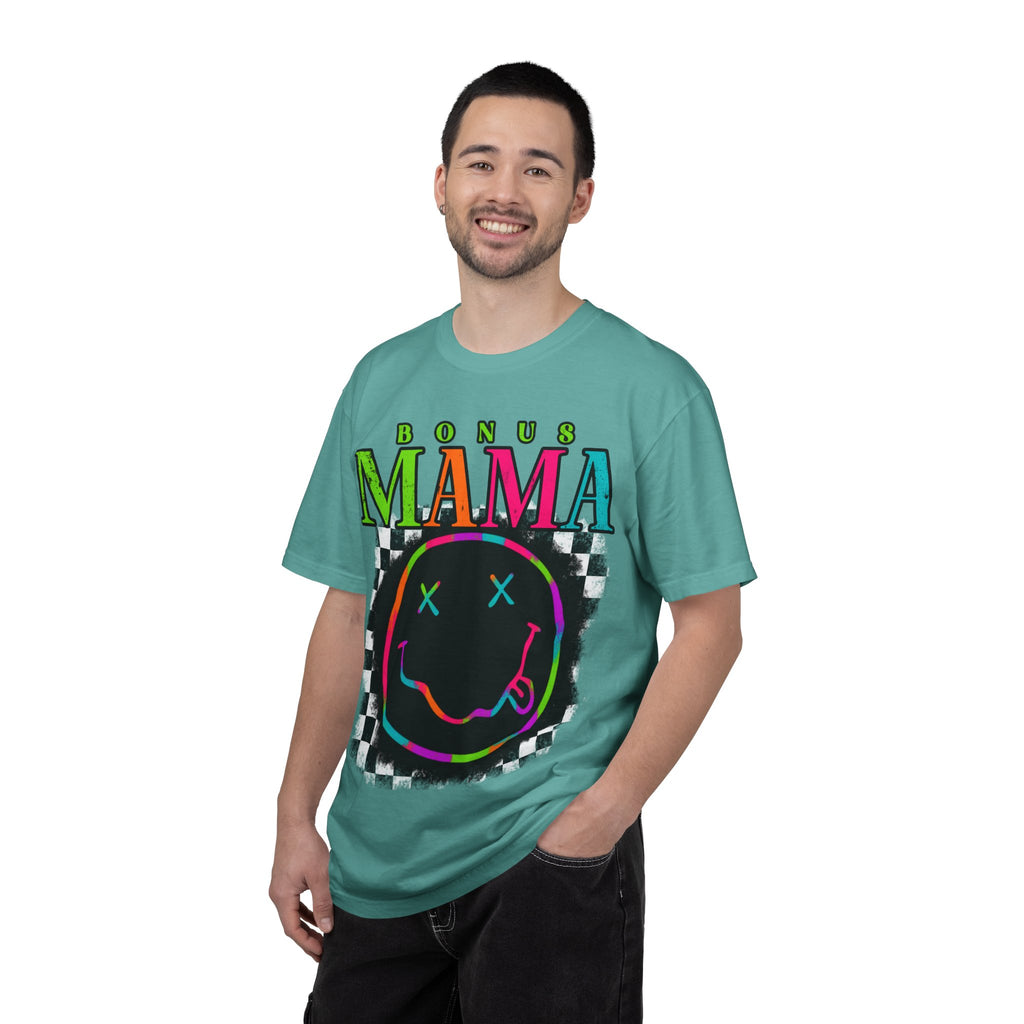 Bonus Mama Graphic T-Shirt — Neon Smiley Checkerboard Retro Tee