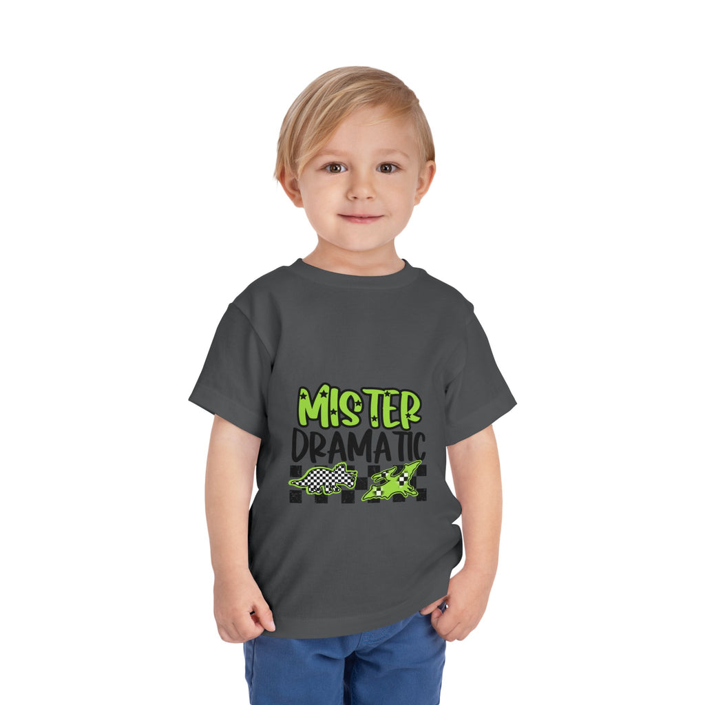 Toddler Tee — "Mister Dramatic" Neon Green Check Dinosaur Shirt