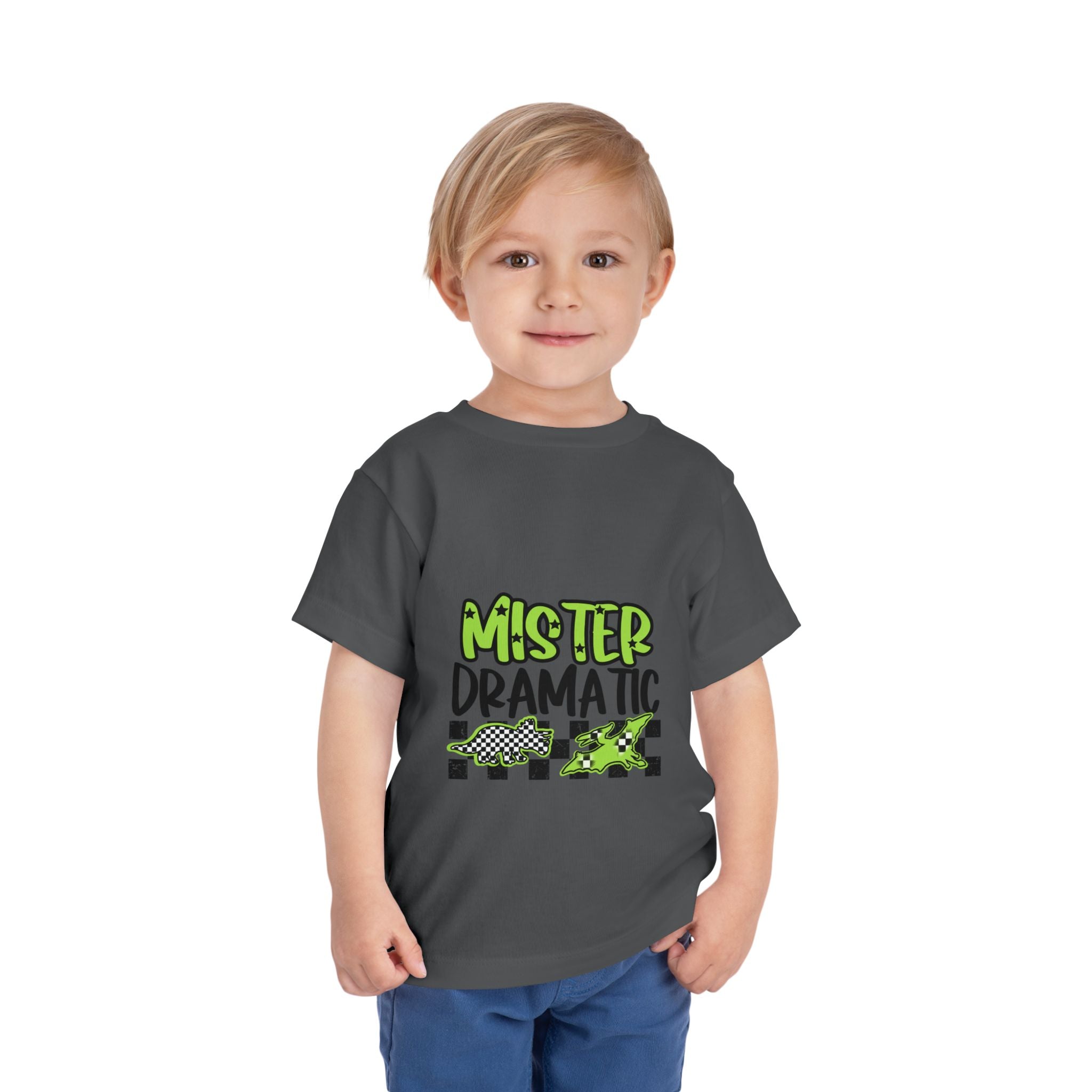 Toddler Tee — "Mister Dramatic" Neon Green Check Dinosaur Shirt