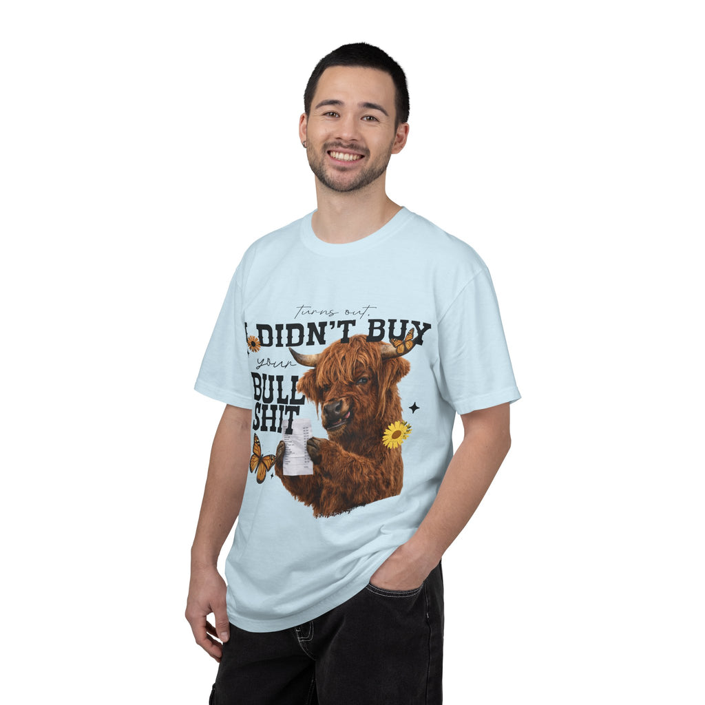 I Didn't Buy Bullshit T-Shirt – Highland Cow with Sunflower & Butterfly Graphic