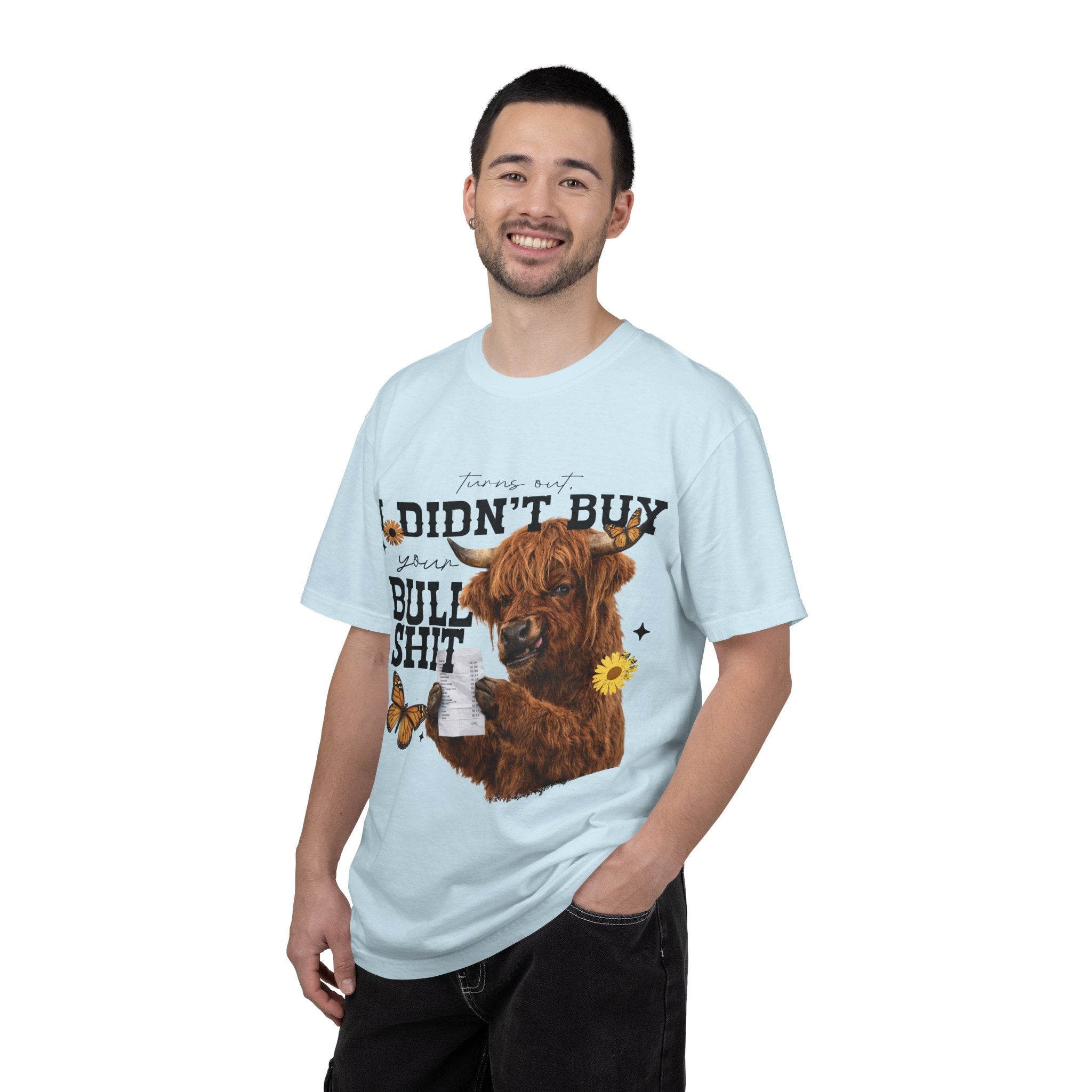 I Didn't Buy Bullshit T-Shirt – Highland Cow with Sunflower & Butterfly Graphic