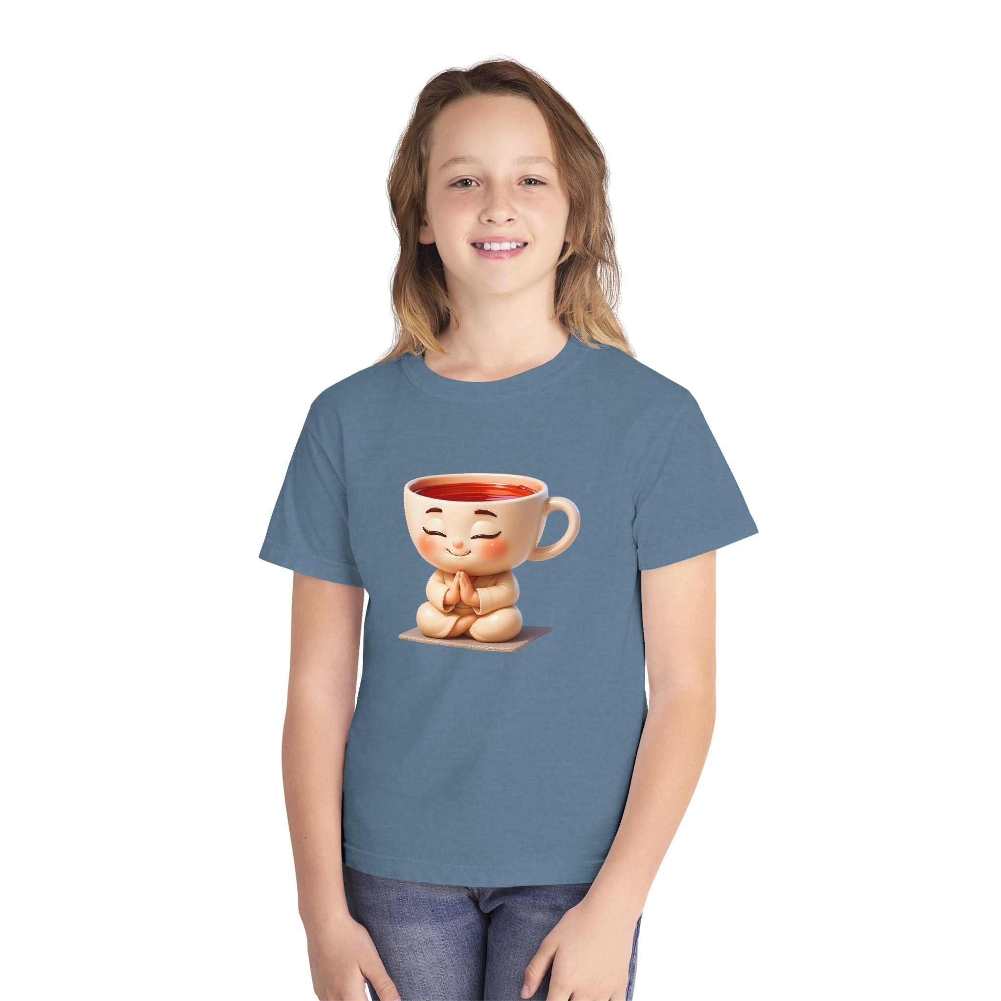 Youth Tee — Cute Meditating Teacup Cartoon Shirt for Kids