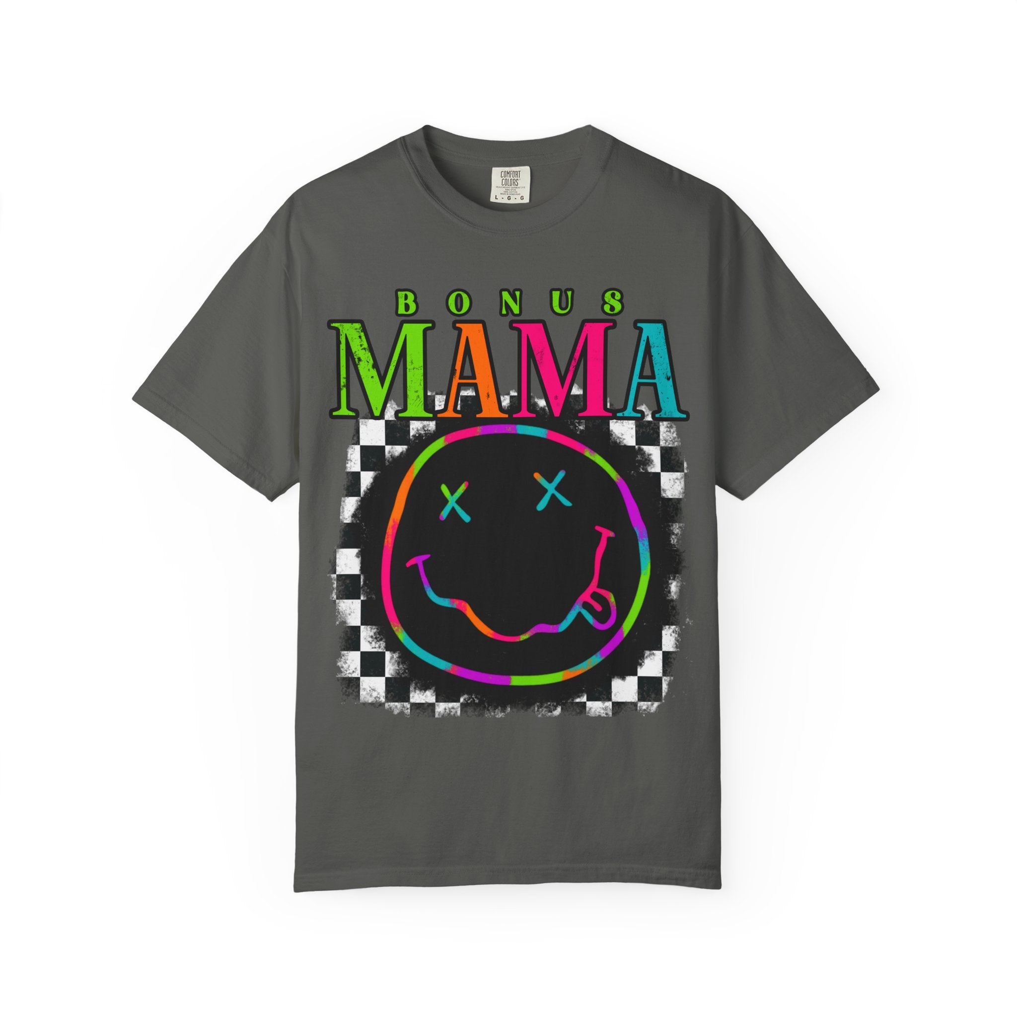 Bonus Mama Graphic T-Shirt — Neon Smiley Checkerboard Retro Tee