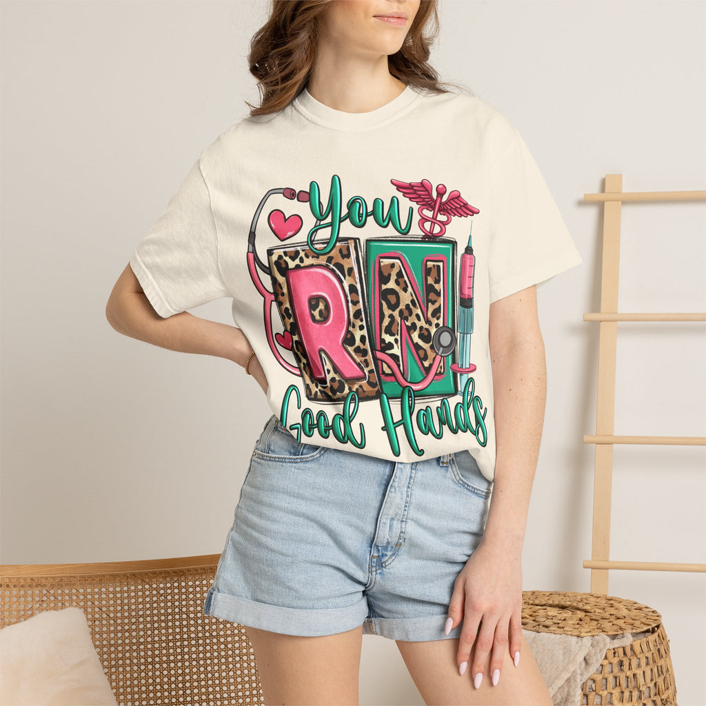 RN Good Hands T-Shirt — Cute Leopard Nurse Graphic Tee for Registered Nurses