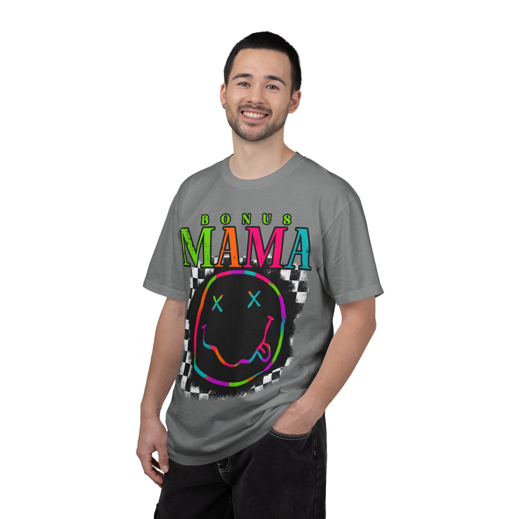 Bonus Mama Graphic T-Shirt — Neon Smiley Checkerboard Retro Tee