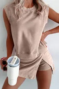 Mocha Solid Color Washed Sleeveless Top Split Skort Cotton 2pcs Outfit