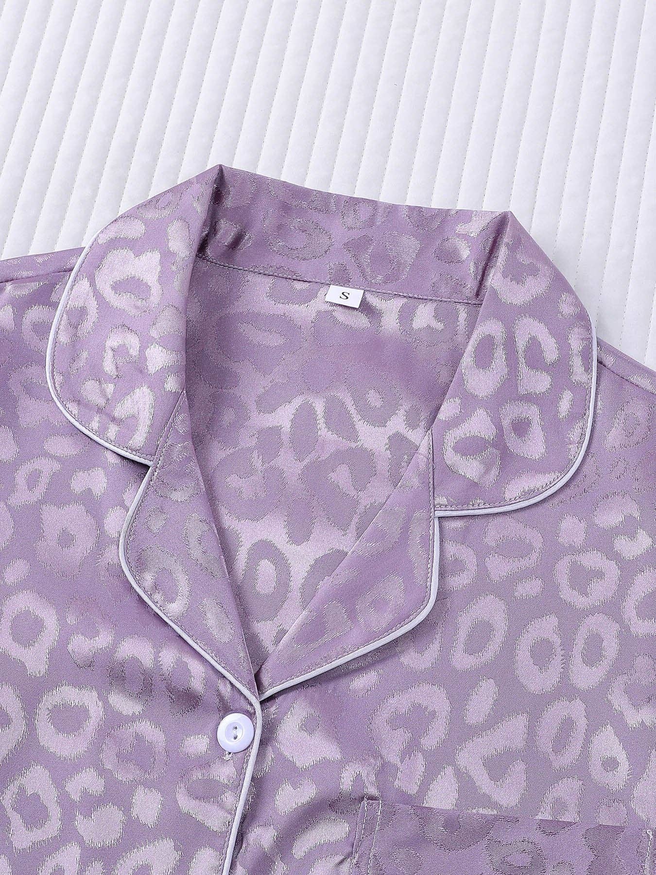 Leopard Print Silky Pajama Set: Black