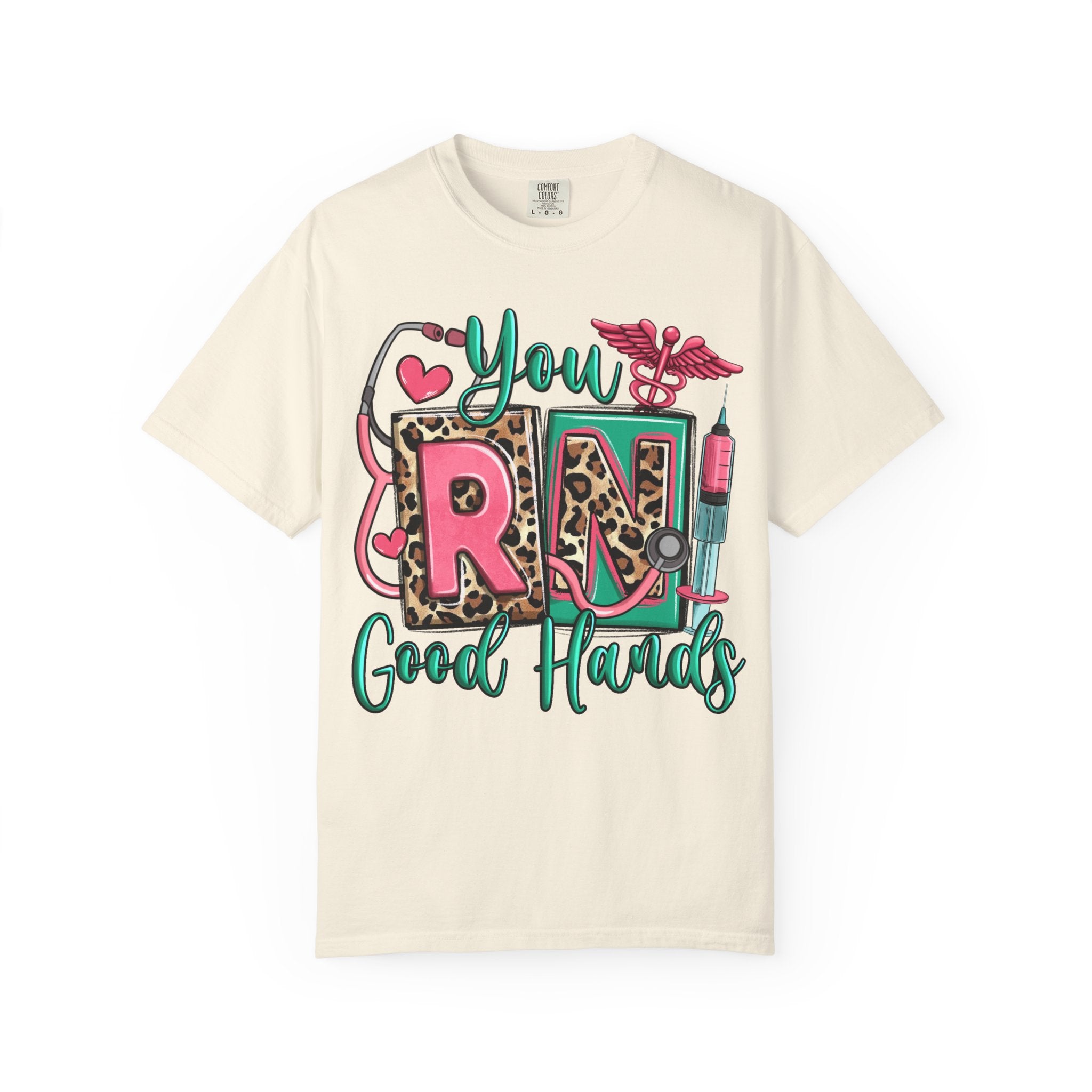 RN Good Hands T-Shirt — Cute Leopard Nurse Graphic Tee for Registered Nurses