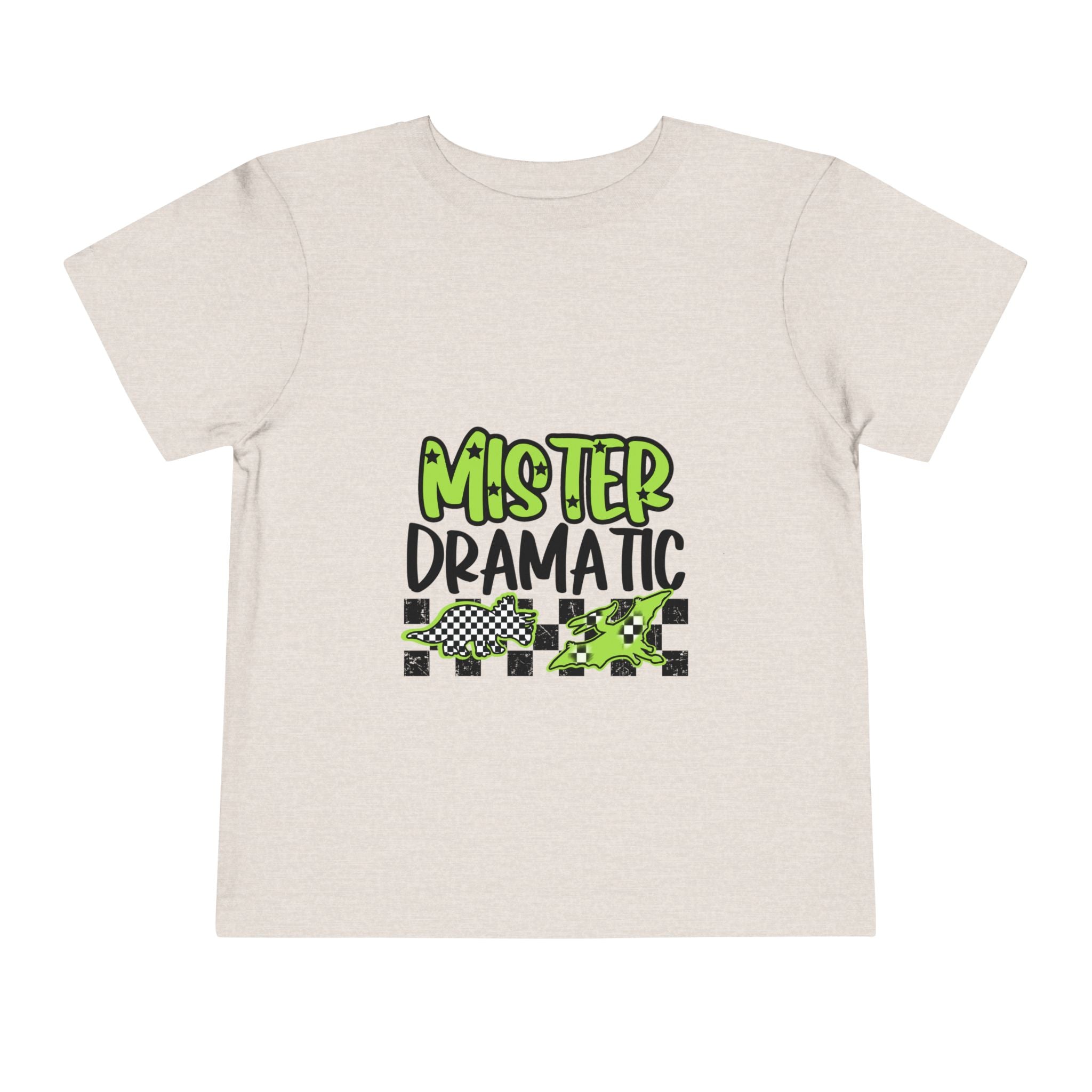 Toddler Tee — "Mister Dramatic" Neon Green Check Dinosaur Shirt