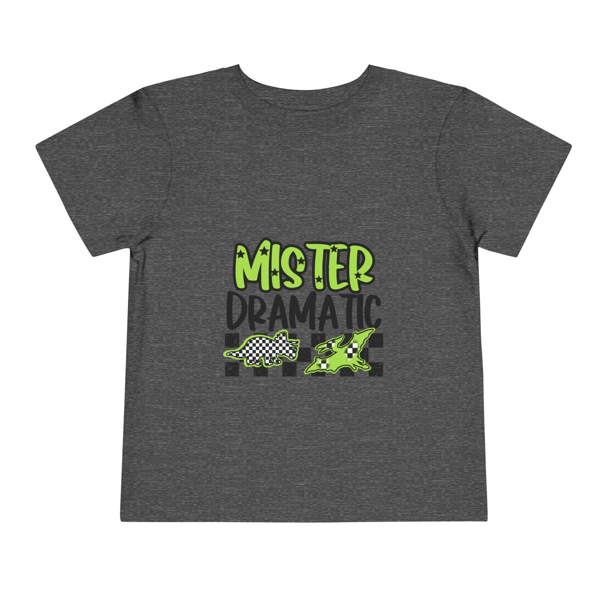 Toddler Tee — "Mister Dramatic" Neon Green Check Dinosaur Shirt