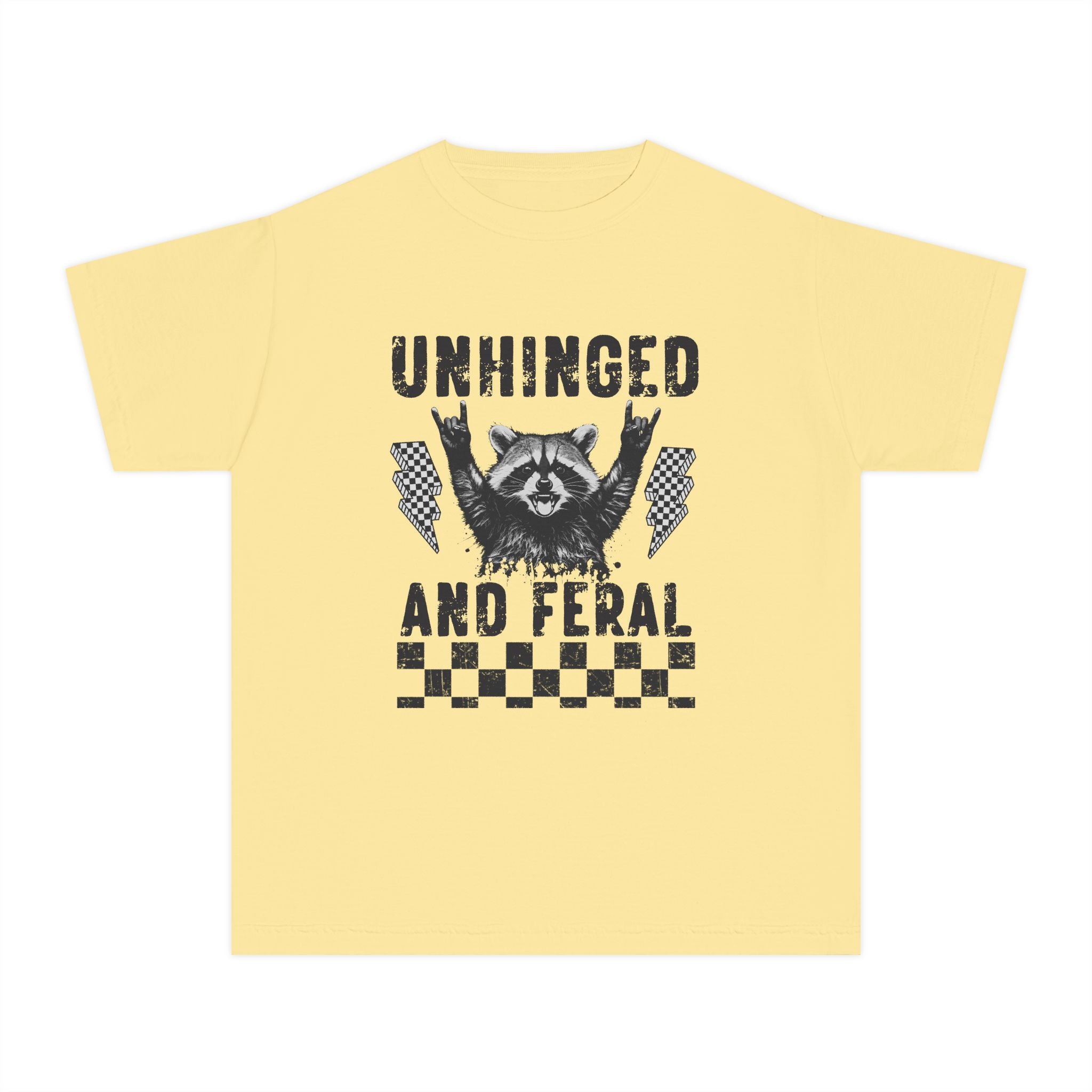 Youth Tee — "Unhinged and Feral" Raccoon Graphic