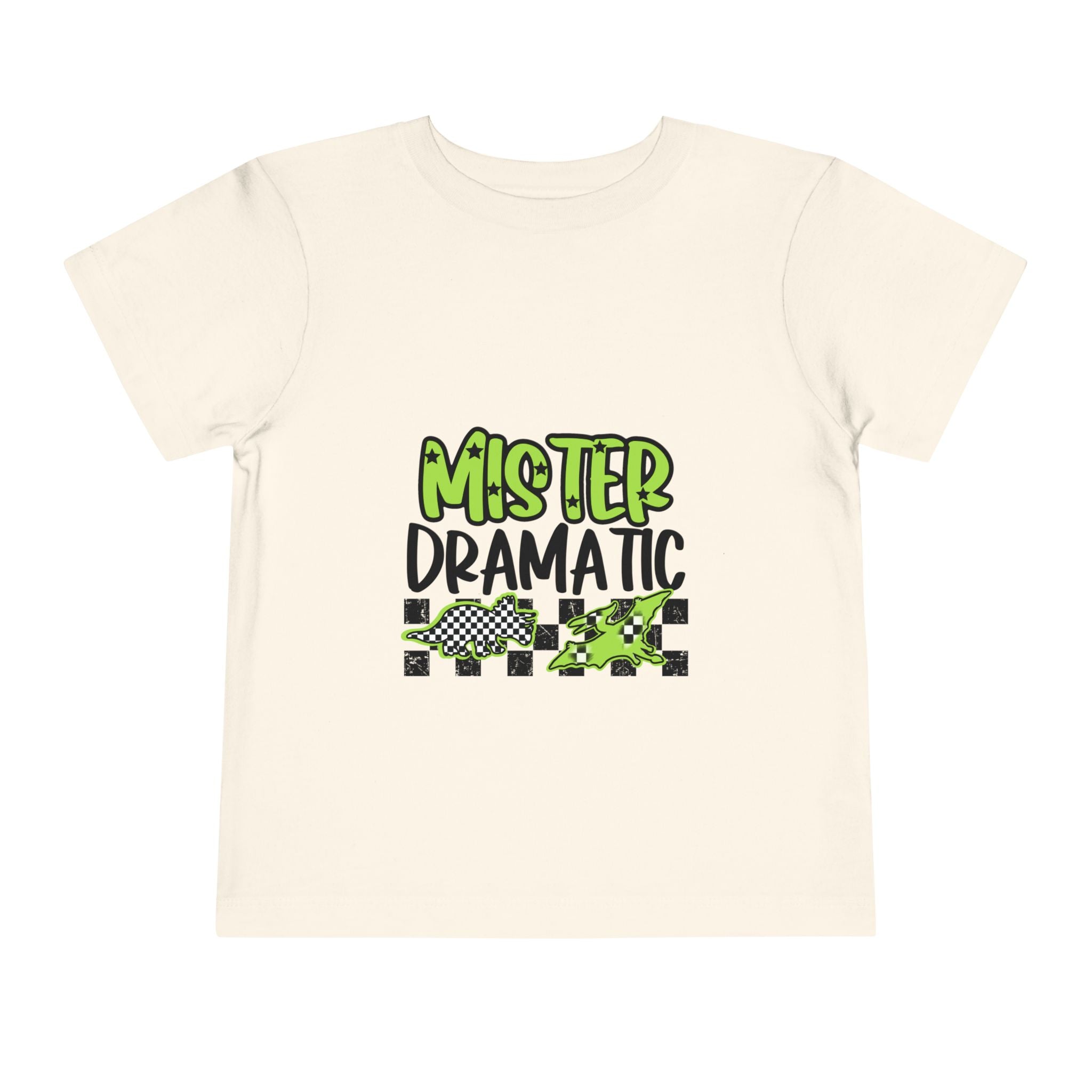 Toddler Tee — "Mister Dramatic" Neon Green Check Dinosaur Shirt