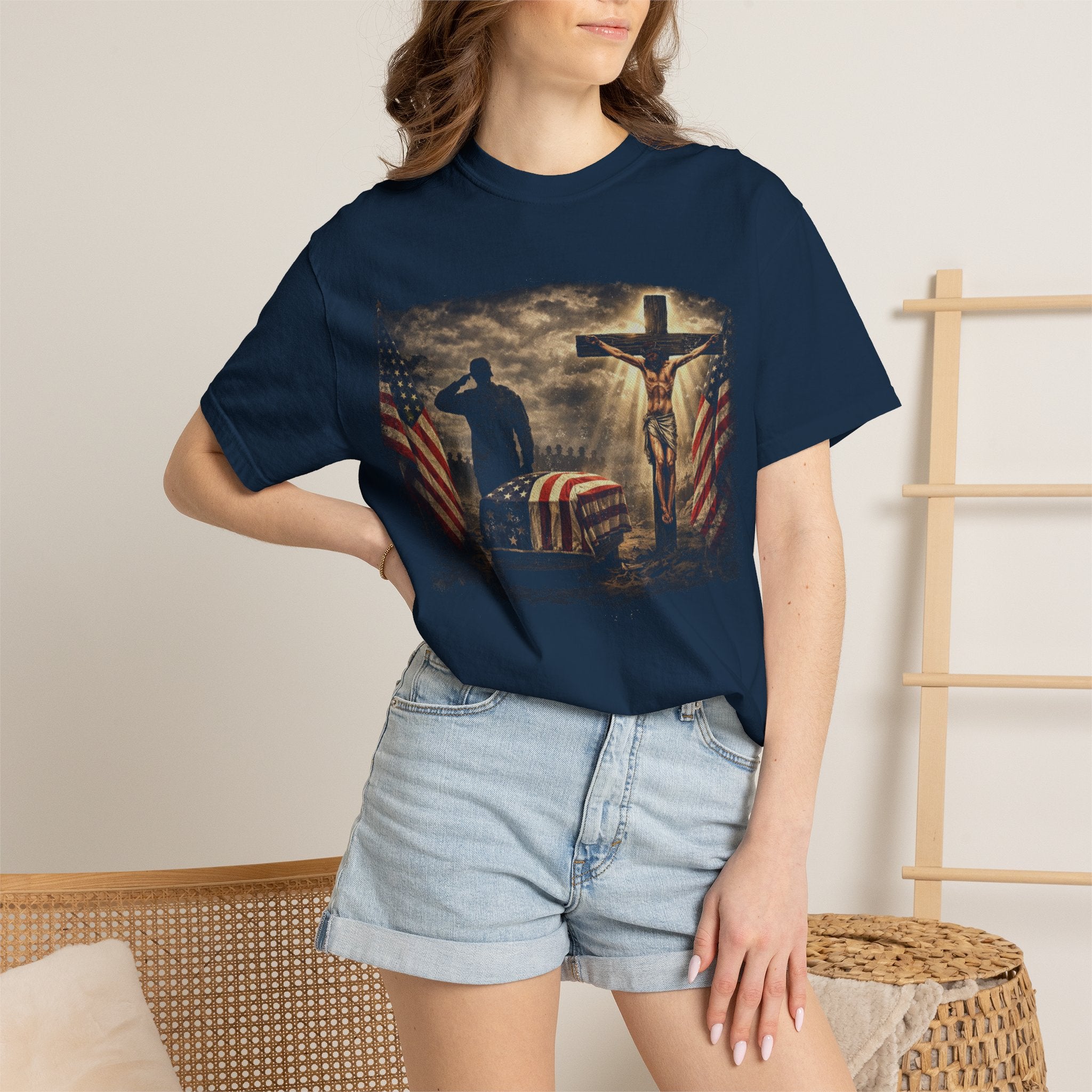Christian Flag T-Shirt — Jesus on Cross with American Flag Graphic