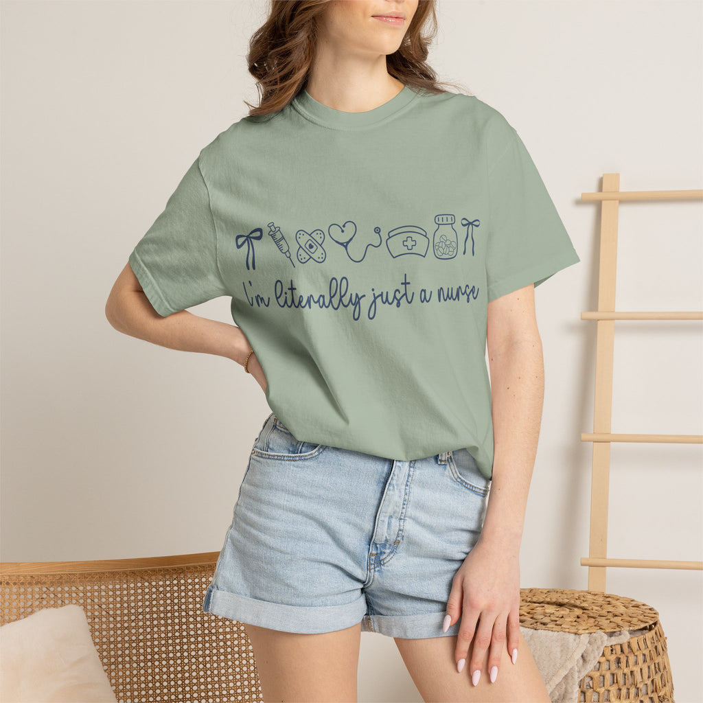 Nurse Crewneck T-Shirt — "I'm Literally Just a Nurse" Minimal Medical Icons Tee