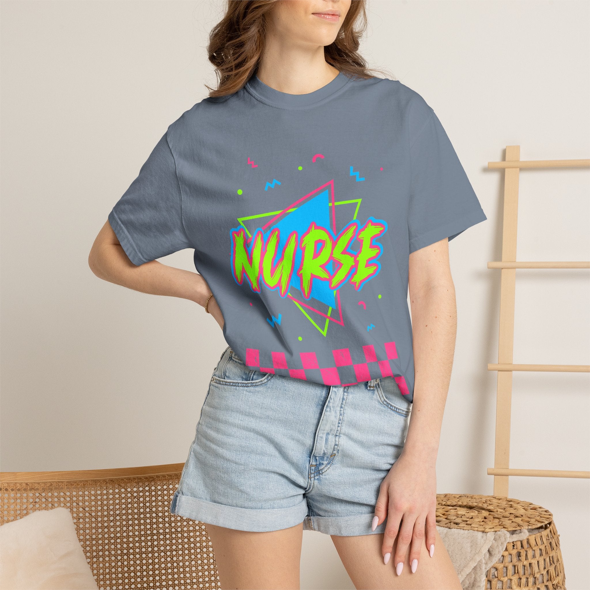 Nurse Retro 90s Graphic T-Shirt — Neon Checkerboard Medical Tee