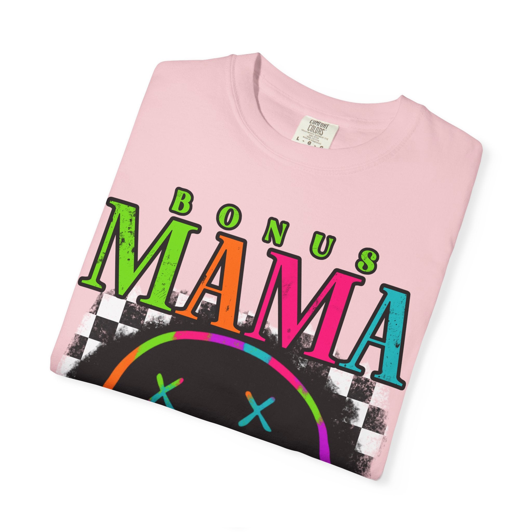 Bonus Mama Graphic T-Shirt — Neon Smiley Checkerboard Retro Tee