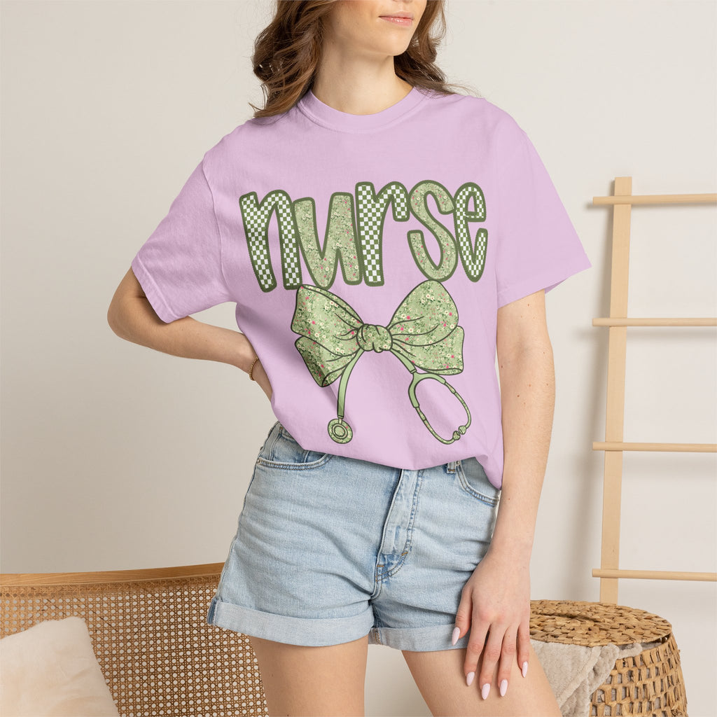 Nurse Bow Stethoscope T-Shirt — Cute Green Nurse Graphic Tee