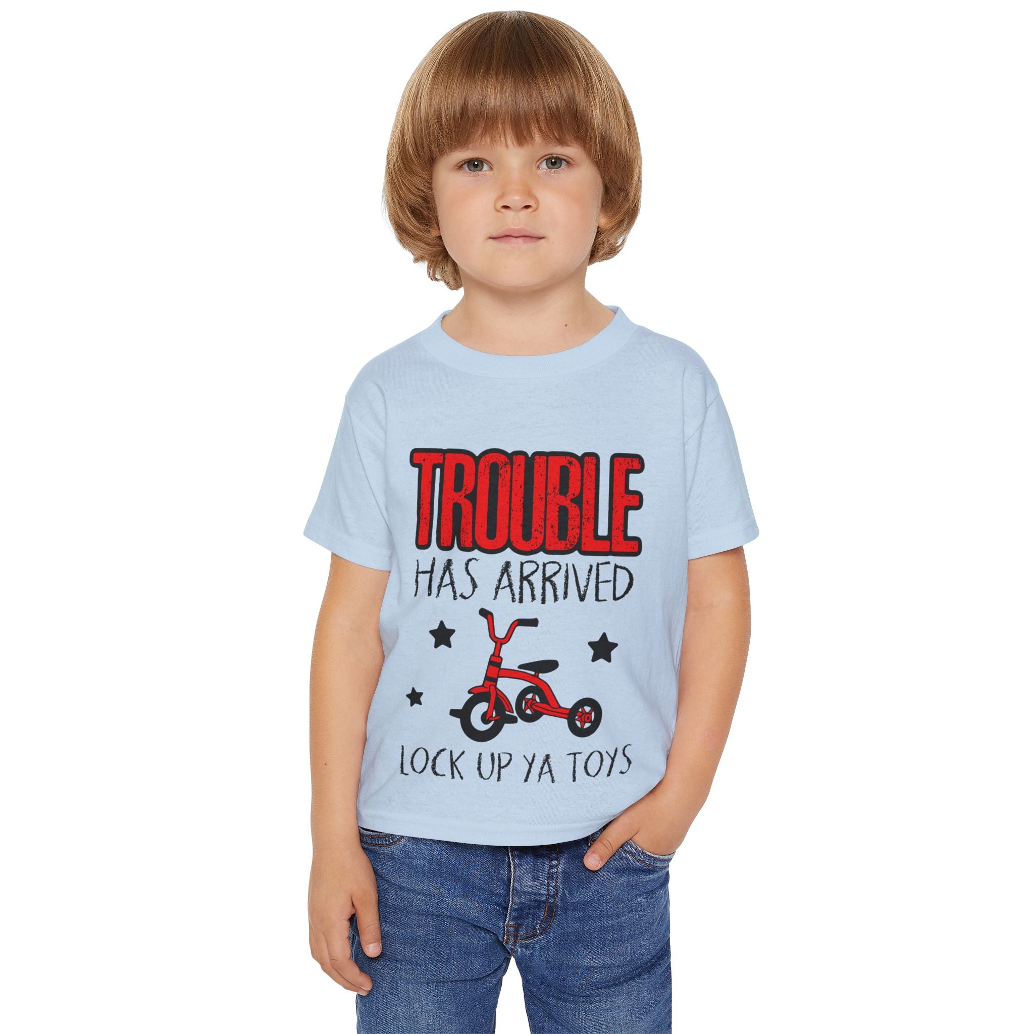Toddler T-Shirt — “Trouble Has Arrived” Red Tricycle Funny Kids Tee