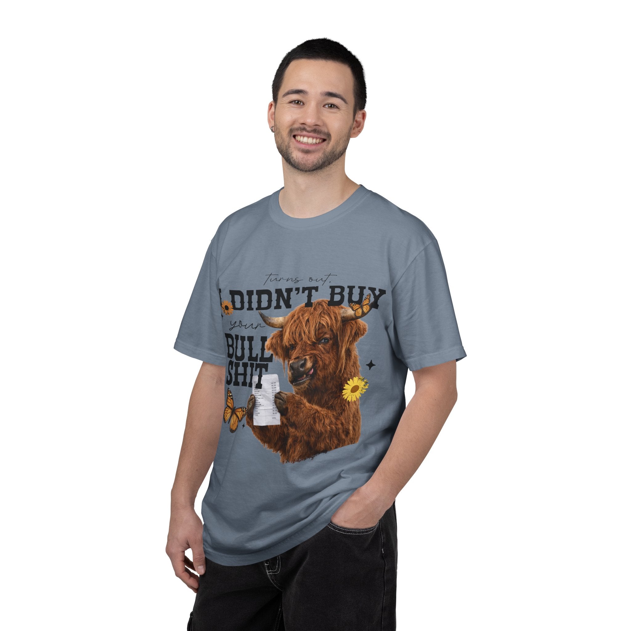 I Didn't Buy Bullshit T-Shirt – Highland Cow with Sunflower & Butterfly Graphic