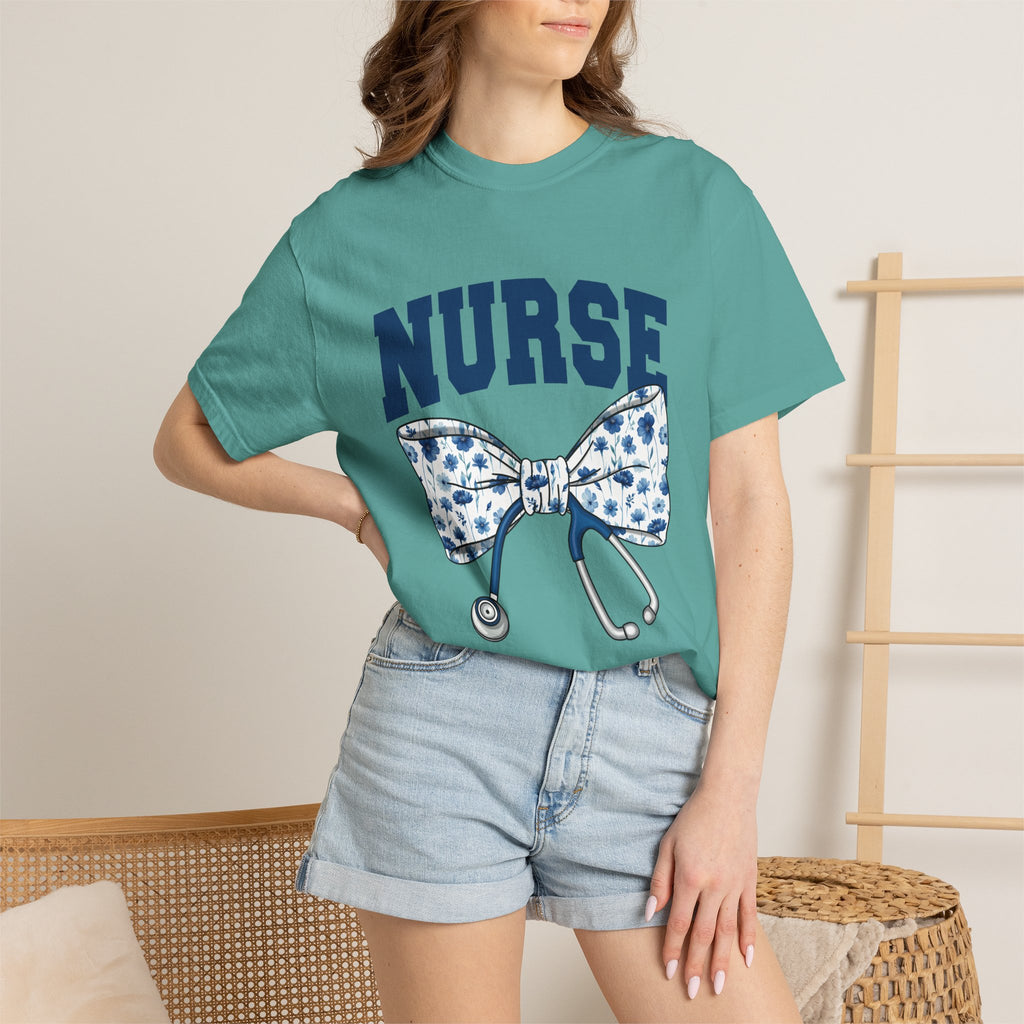 Nurse Bow Tie T‑Shirt – Floral Stethoscope Graphic Tee for Nurses