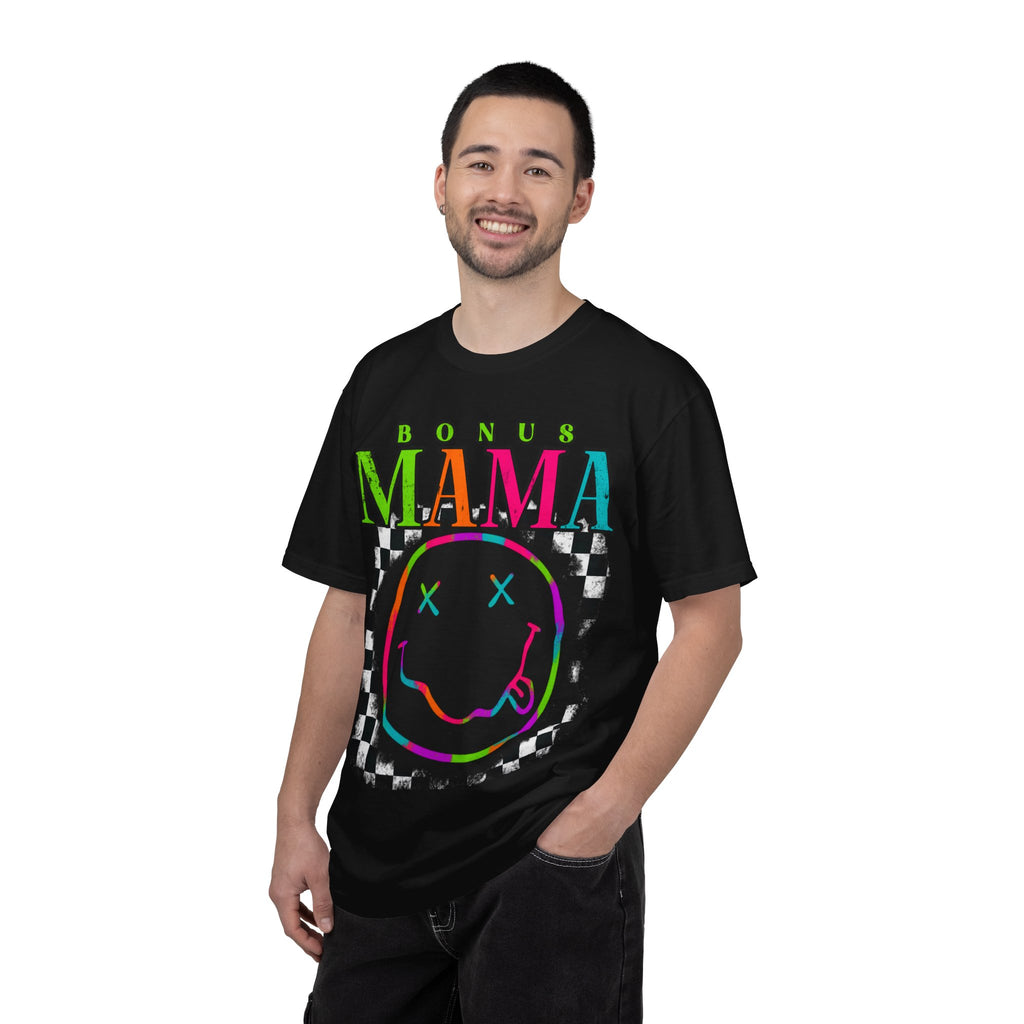 Bonus Mama Graphic T-Shirt — Neon Smiley Checkerboard Retro Tee