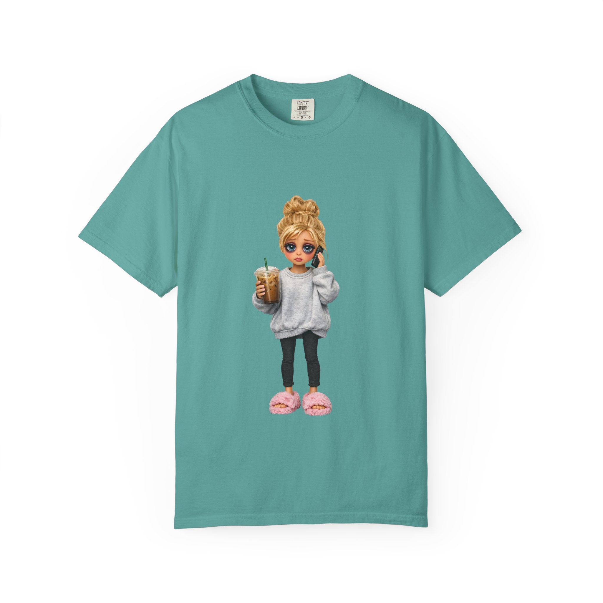 Cozy Morning Doll Graphic T-Shirt — Cute Girl in Slippers Coffee Tee