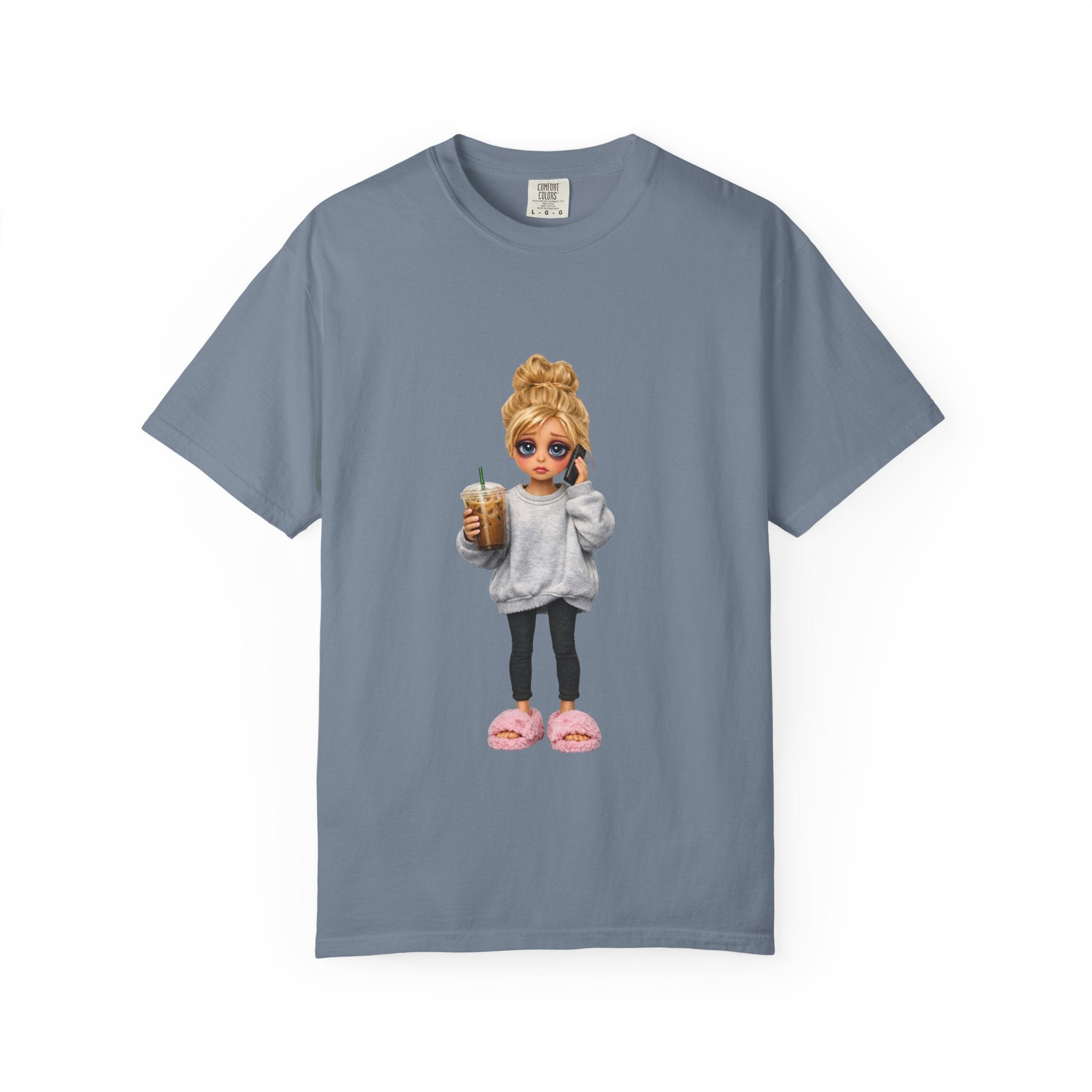 Cozy Morning Doll Graphic T-Shirt — Cute Girl in Slippers Coffee Tee