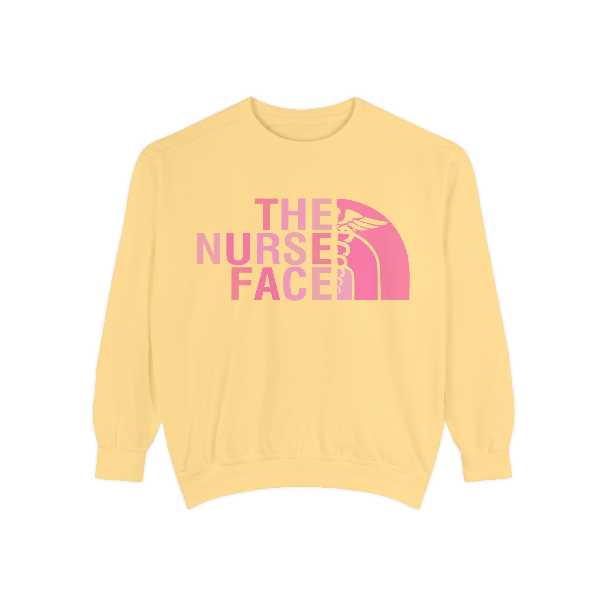 Nurse Face Sweatshirt — Pink Caduceus Retro Graphic Crewneck
