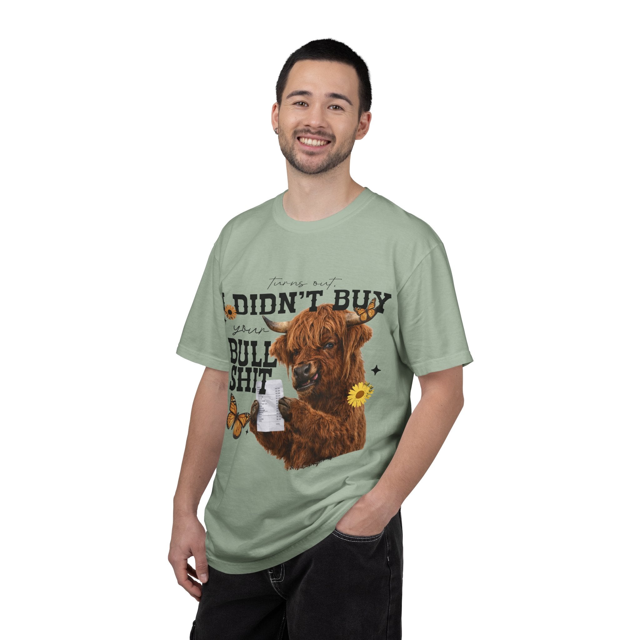 I Didn't Buy Bullshit T-Shirt – Highland Cow with Sunflower & Butterfly Graphic