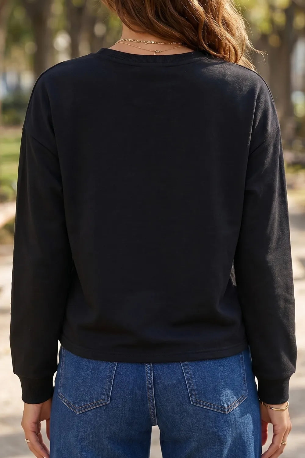 Black Solid Color Dropped Shoulder Long Sleeve Top