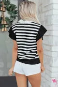 Black Stripe Collar V Neck Ruffled Short Sleeve Blouse