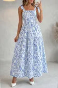 Sky Blue Floral Print Knot Straps High Waist Flared Maxi Dress
