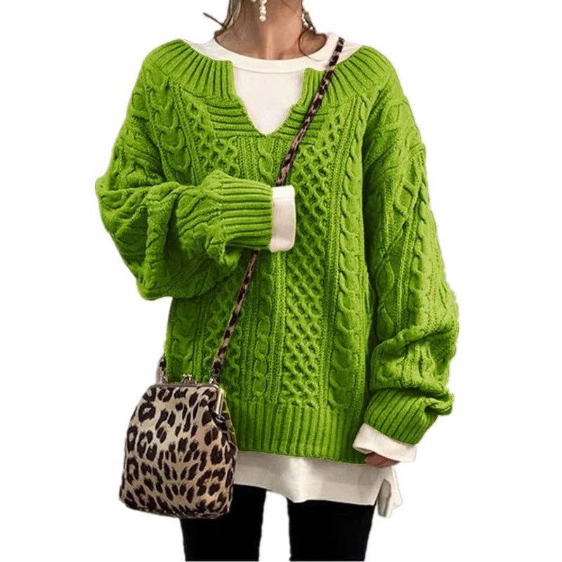 Women Cable Knit Sweater Casual Ribbed Pattern Knit Top: Black / L