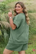 Mineral Blue Plus Size Textured Short Sleeve Top Drawstring Shorts Set