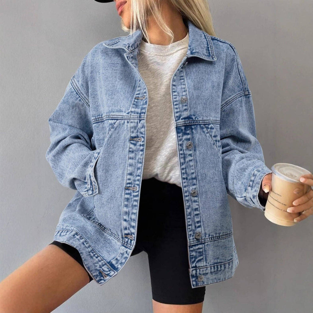 Retro loose Pocket polo neck Denim Jacket: Light blue / M