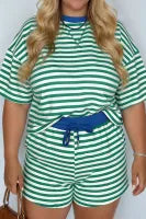 Green Stripe Boxy Tee Drawstring Elastic Waist Plus Size Short Set