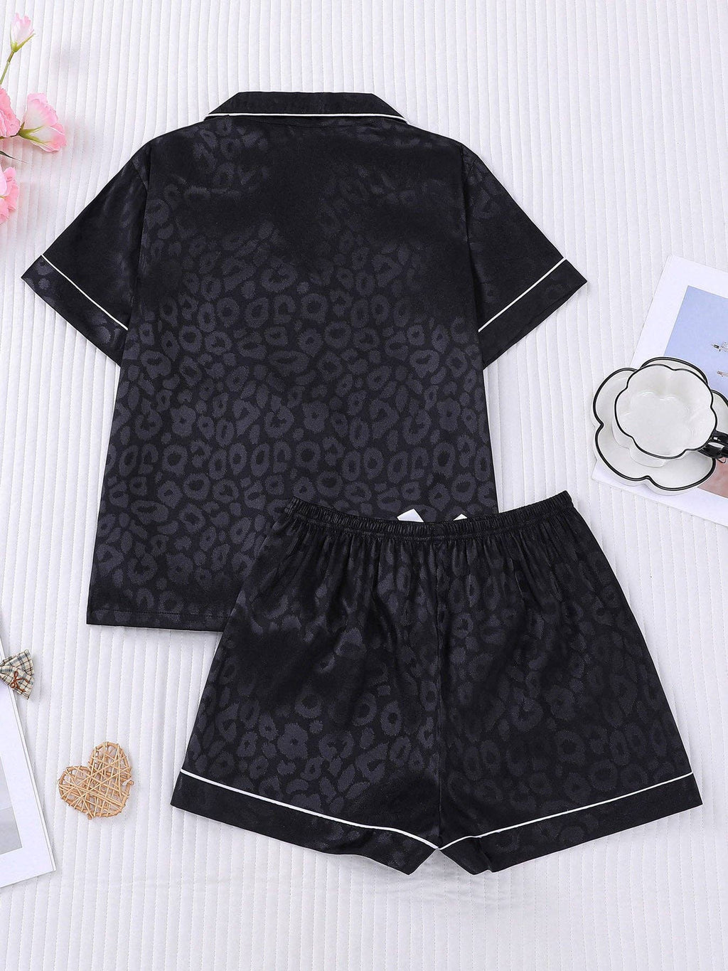 Leopard Print Silky Pajama Set: Black