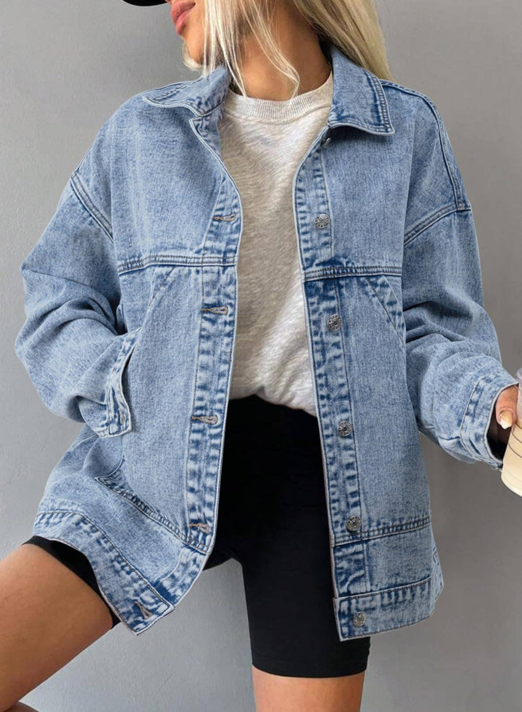 Retro loose Pocket polo neck Denim Jacket: Light blue / L