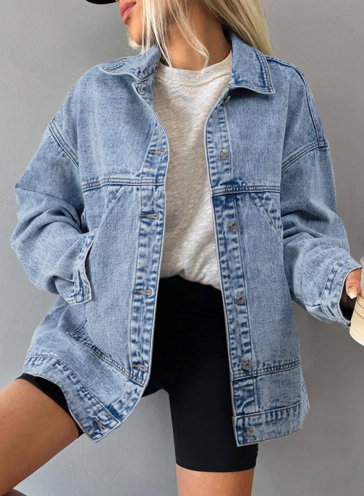 Retro loose Pocket polo neck Denim Jacket: Light blue / L