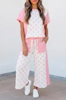 Pink Color Block Patchwork Polka Dot Wide Leg Pant Set