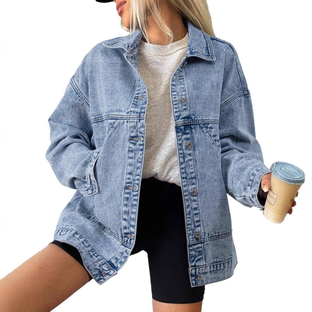 Retro loose Pocket polo neck Denim Jacket: Light blue / M