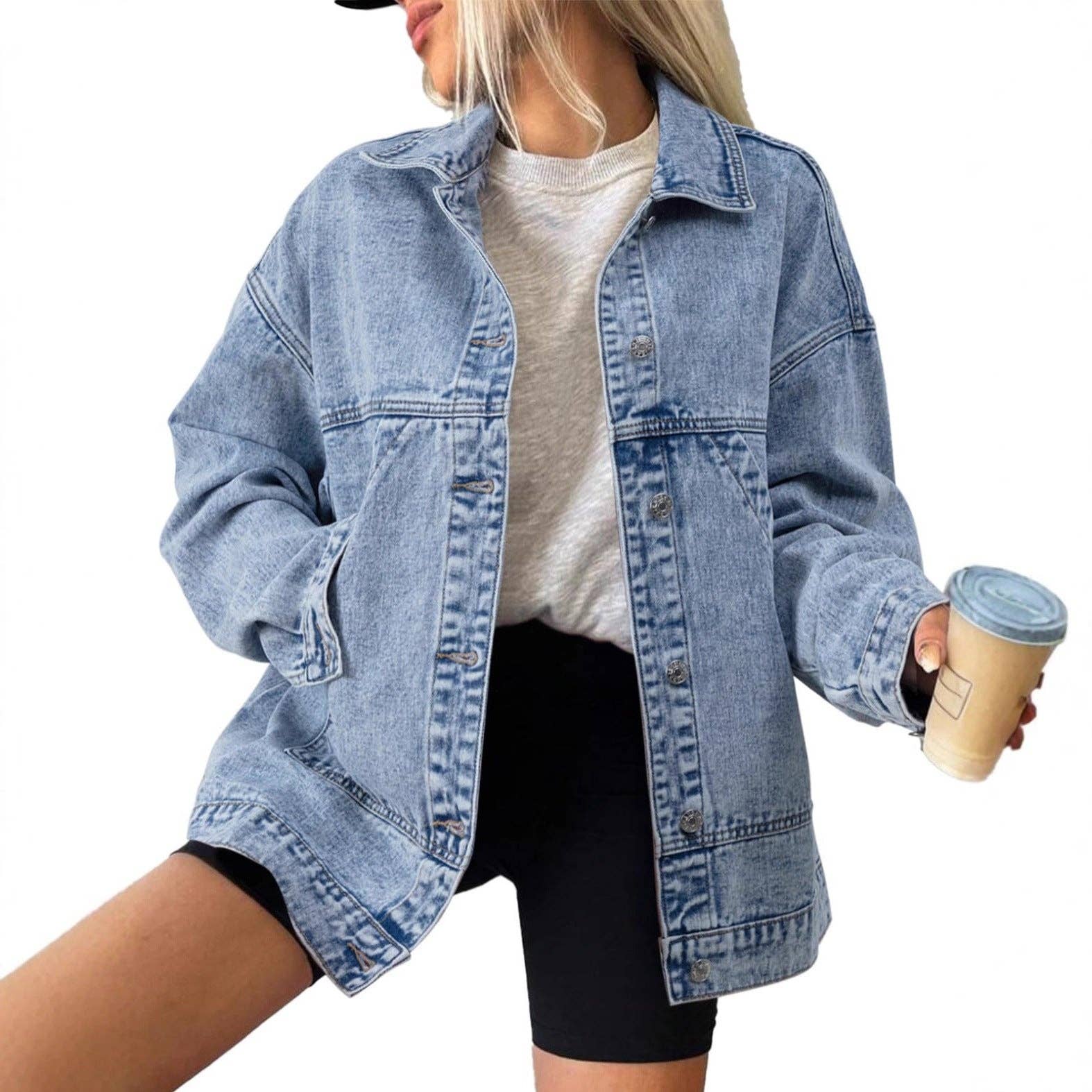 Retro loose Pocket polo neck Denim Jacket: Light blue / M
