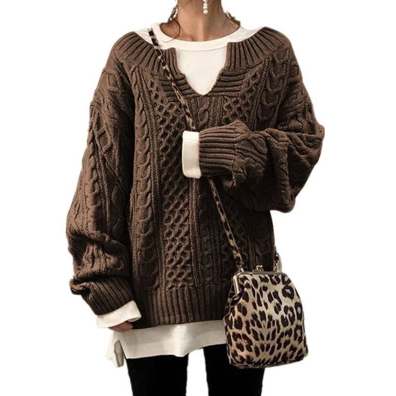 Women Cable Knit Sweater Casual Ribbed Pattern Knit Top: Black / M