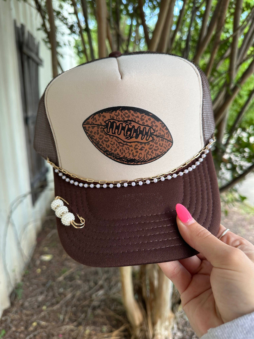Leopard Football Tan & Brown Trucker Hat: WITH CHAIN & PIN